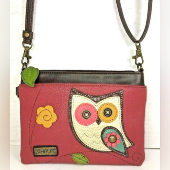 Chala Handbags - Chala Crossbody Purse Owl Design Pink Faux Leather Adjustable Strap